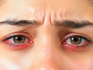 Fototapeta premium Swollen eyes with allergic reaction, red irritated skin, 3D illustration