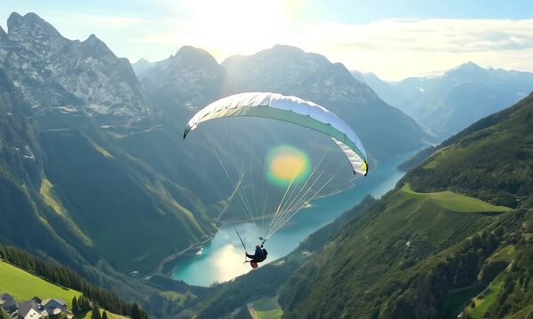 Paragliding over stunning alpine valleys with breathtaking mountain views and clear skies