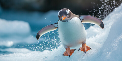 24. High-definition portrait of a playful penguin sliding on ice