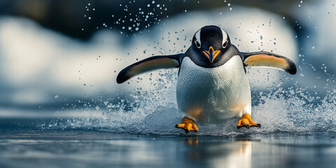 24. High-definition portrait of a playful penguin sliding on ice