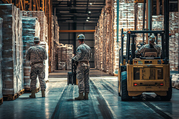 Warehouse workers reading product order, order picking. Warehouse manager checking delivery, stock in warehouse, inspecting products for shipment.