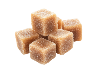 Brown sugar cubes stacked isolated on transparent or white background