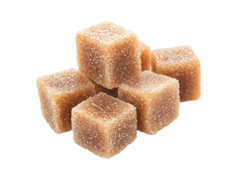 Brown sugar cubes stacked isolated on transparent or white background