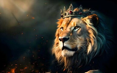 Fototapeta premium Majestic Lion King with Crown - Christian Concept Art, Royalty & Faith Representation.