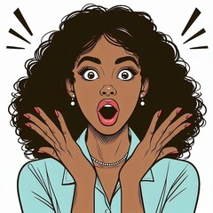 Surprised woman with curly hair and expressive facial expression in pop art style illustration