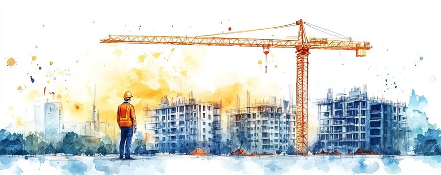 Watercolor illustration of a construction site with a crane, clipart, engineer overseeing the project, isolate on white background