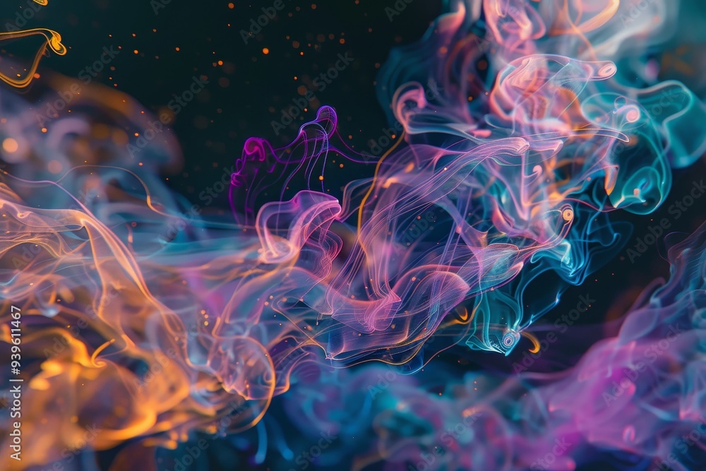 Wall mural The image features colorful smokes swirling and merging to form a mesmerizing pattern set against a dark background, conveying motion and fluidity.