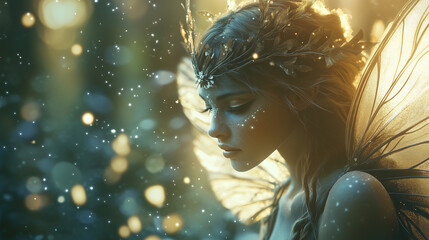 Fototapeta premium Zjawiskowy portret mistycznej wróżki z wyszukanymi detalami i błyszczącymi skrzydłami, na tle spokojnego lasu, wzbogacony czarującym efektem świetlnych bokeh.