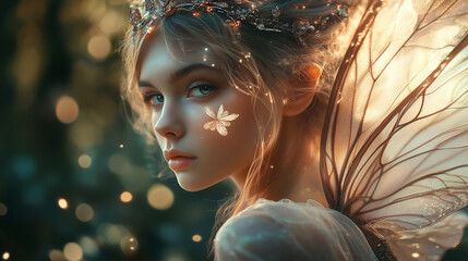 Fototapeta premium Zjawiskowy portret mistycznej wróżki z wyszukanymi detalami i błyszczącymi skrzydłami, na tle spokojnego lasu, wzbogacony czarującym efektem świetlnych bokeh.