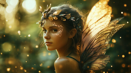 Naklejka premium Zjawiskowy portret mistycznej wróżki z wyszukanymi detalami i błyszczącymi skrzydłami, na tle spokojnego lasu, wzbogacony czarującym efektem świetlnych bokeh.
