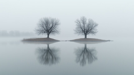 Na małej wyspie znajdują się dwa nagie drzewa, które doskonale odbijają się w spokojnej, mgławicowej wodzie jeziora pod szarym niebem.
