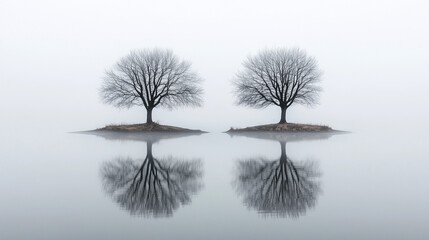 Na małej wyspie znajdują się dwa nagie drzewa, które doskonale odbijają się w spokojnej, mgławicowej wodzie jeziora pod szarym niebem.