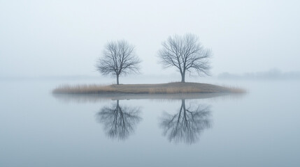 Na małej wyspie znajdują się dwa nagie drzewa, które doskonale odbijają się w spokojnej, mgławicowej wodzie jeziora pod szarym niebem.