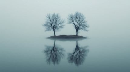 Na małej wyspie znajdują się dwa nagie drzewa, które doskonale odbijają się w spokojnej, mgławicowej wodzie jeziora pod szarym niebem.