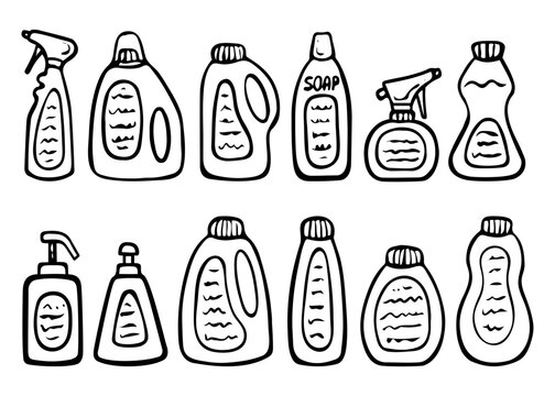 Set of bottles of cleaning and detergents hand drawn doodle. Laundry room. House cleaning. Washing powder, conditioner, soap, shampoo, spray. Vector outline line art illustration.