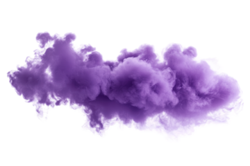 A vibrant purple smoke cloud drifts gracefully, suspended on a transparent background, ideal for artistic or graphic design projects needing unique textures. Transparent background PNG