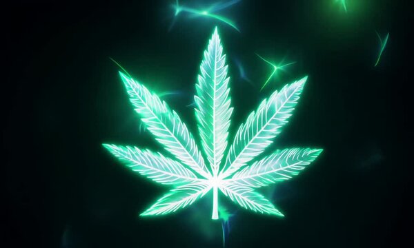 Neon marijuana cannabis leaf glowing in green on a dark background