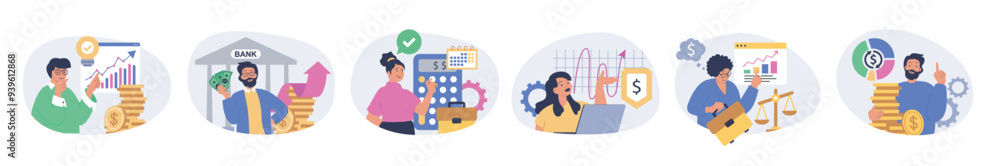 Poster business and finance concept set in flat design for web. collection with people brainstorming, makin