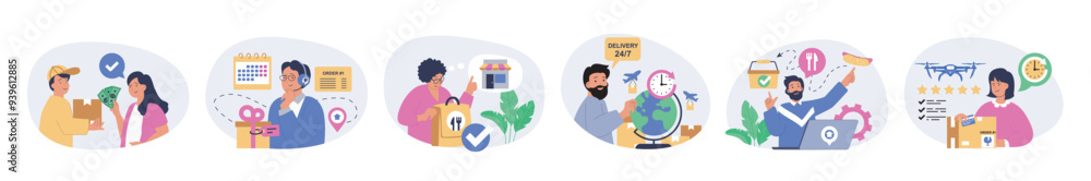 Poster delivery concept set in flat design for web. collection with people getting parcel from courier, ord