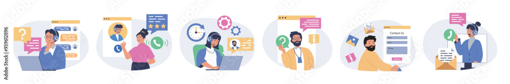 Aufkleber contact us concept set in flat design for web. collection with people answering calls, chatting with