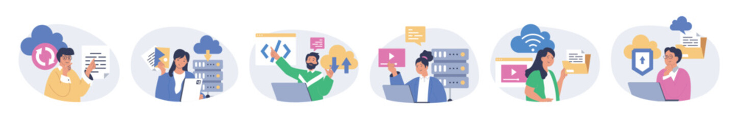 Cloud computing concept set in flat design for web. Collection with people doing online sync, working with digital files, programming, using cloud storage, sharing video content. Vector illustration.
