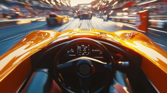 Race car cockpit view, driver navigating a challenging course, 3D illustration