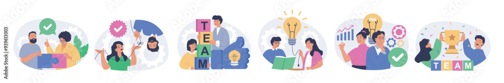 Aufkleber Teamwork concept set in flat design for web. Collection with people working together, solving project puzzles, supporting colleagues, brainstorming and developing new ideas. Vector illustration.