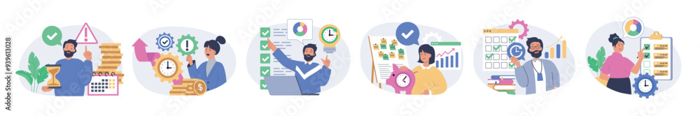 Poster Time management concept set in flat design for web. Collection with people managing daily schedule with calendar, planning tasks in checklists, making work efficiency to deadline. Vector illustration.