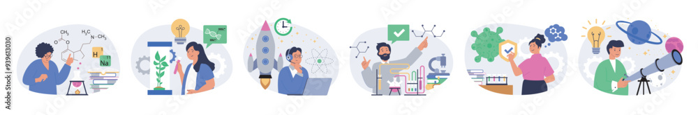 Poster science lab concept set in flat design for web. collection with people making chemical research in f