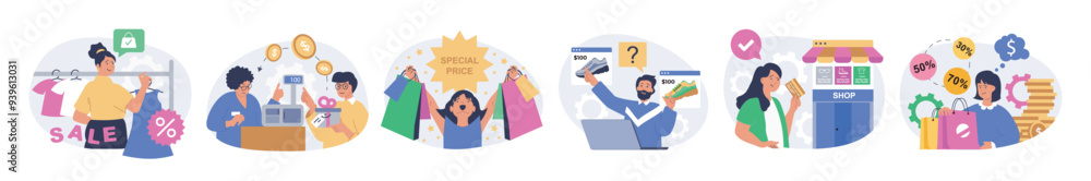 Poster shopping concept set in flat design for web. collection with people choosing new clothes in store sh