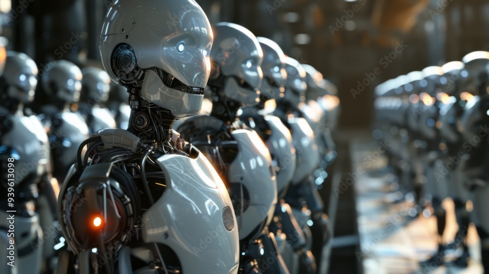 Poster futuristic cinematic ai robot workforce in a high-tech environment - digital illustration of advance