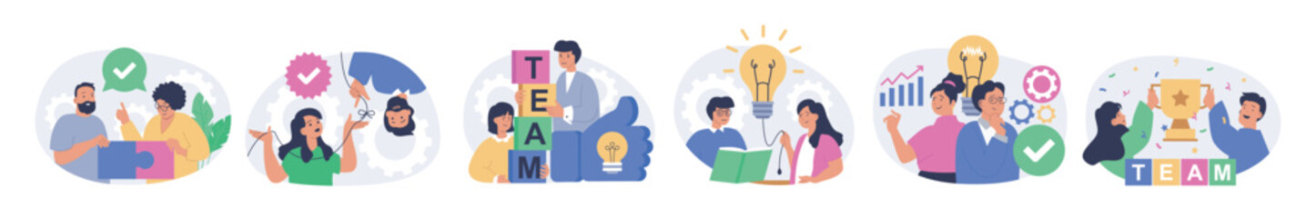 Teamwork concept set in flat design for web. Collection with people working together, solving project puzzles, supporting colleagues, brainstorming and developing new ideas. Vector illustration.