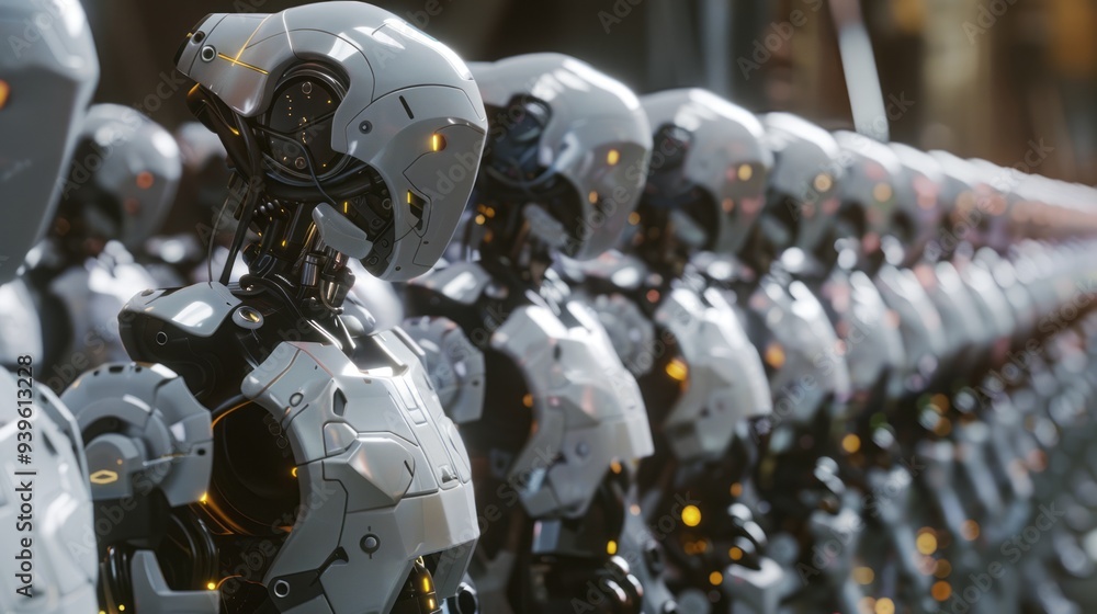 Poster futuristic cinematic ai robot workforce in a high-tech environment - digital illustration of advance