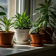 A sunny windowsill filled with potted plants.