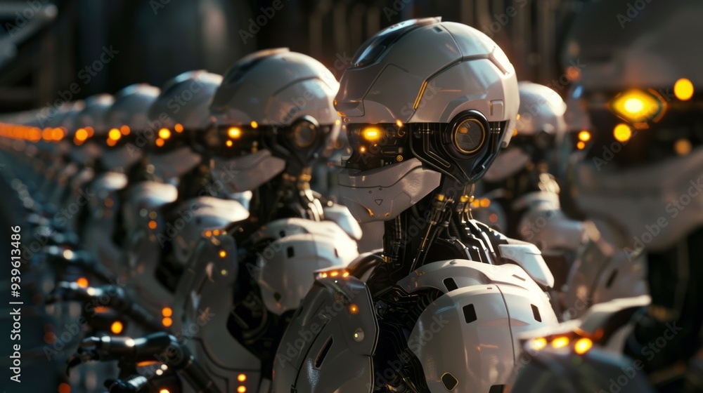 Poster futuristic cinematic ai robot workforce in a high-tech environment - digital illustration of advance