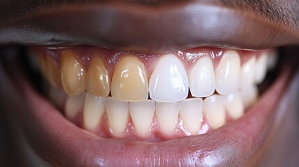 This picture illustrates a person's teeth before undergoing a whitening treatment, highlighting the difference in color and health