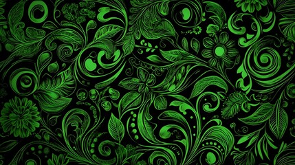 Shapes, Waves, Green and Black Florals, Abstract Image, Texture, Pattern, Wallpaper, Smartphone Cover and Screen, Cell Phone, Computer, Laptop, 9:16 and 16:9 Format