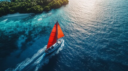 A yacht with a red sail glides through blue waters near a lush green island under a clear sky.