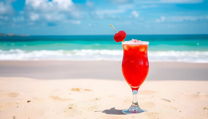 A red frozen cocktail in a glass on a sandy beach with a turquoise ocean and blue sky in the background
