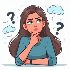 Illustration of Thoughtful Young Woman with Question Marks and Clouds
