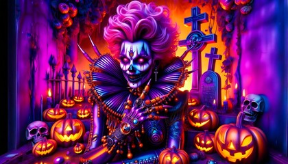 Fototapeta premium Ilustración Wallpaper Horripilante de Payasos: Un Toque Vibrante para Halloween