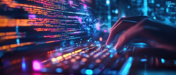 Close-up of a hand typing on a keyboard with colorful code displayed on a screen.
