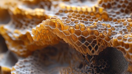 Detailed macro close-up of a 3D honeycomb, focusing on the hexagonal shapes and intricate surface textures.