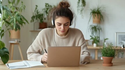 A serious young woman wearing headphones studies online at home, taking notes on a notepad while using a laptop, surrounded by plants in a cozy environment.