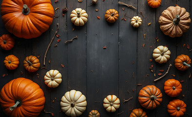 Halloween pumpkins flat lay with space for text. Orange and white pumpkins of different sizes on a black old wooden floor. Autumn Harvest Festival. Farmers products fair.
