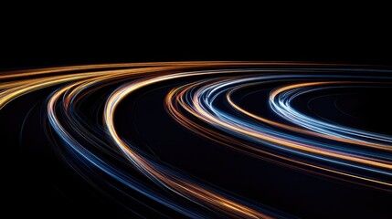 Fototapeta premium Curved light trails forming an abstract pattern on a black background, resembling a dynamic and winding road.