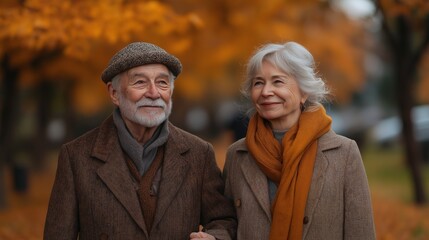 Fototapeta premium Happy Elderly Couple Walking Arm-in-Arm Through a Park During Autumn, Surrounded by Golden Leaves