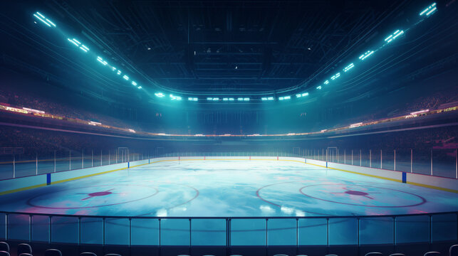 Ice rink empty, waiting for start hockey game. Arena full of bright lights hockey match