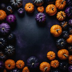 Halloween pumpkins flat lay with space for text. Pumpkins of different colors and sizes on a black leather. Autumn Harvest Festival. Farmers products fair.