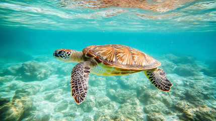 29. Crisp and clear image of a sleek sea turtle gliding through clear water